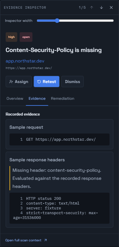 Actual Qourby evidence inspector with a selected sample finding, Assign, Retest and Dismiss actions, and recorded sample request and response headers.